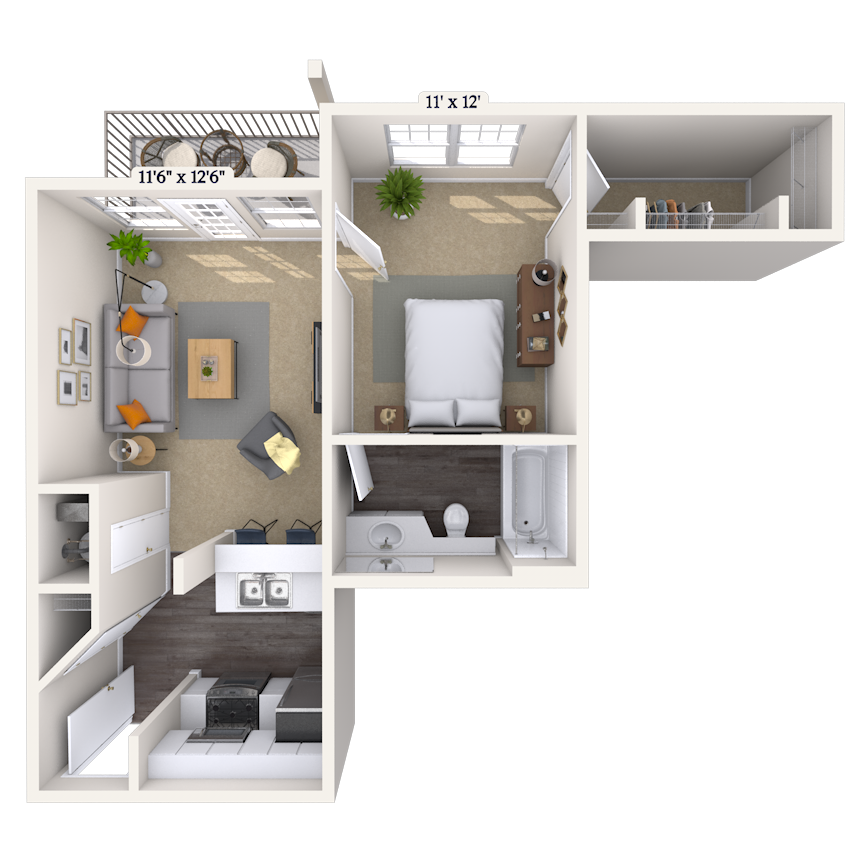 Floor plan for 1 bed, 1 bath, 535 sqft