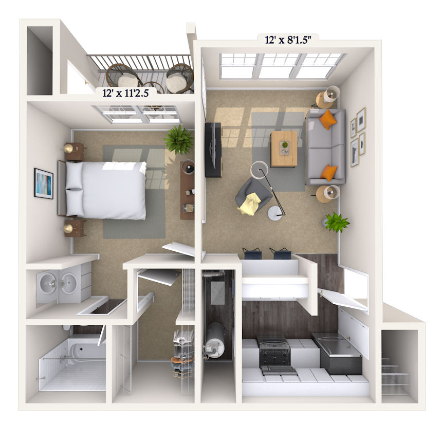 Floor plan for 1 bed, 1 bath, 709 sqft