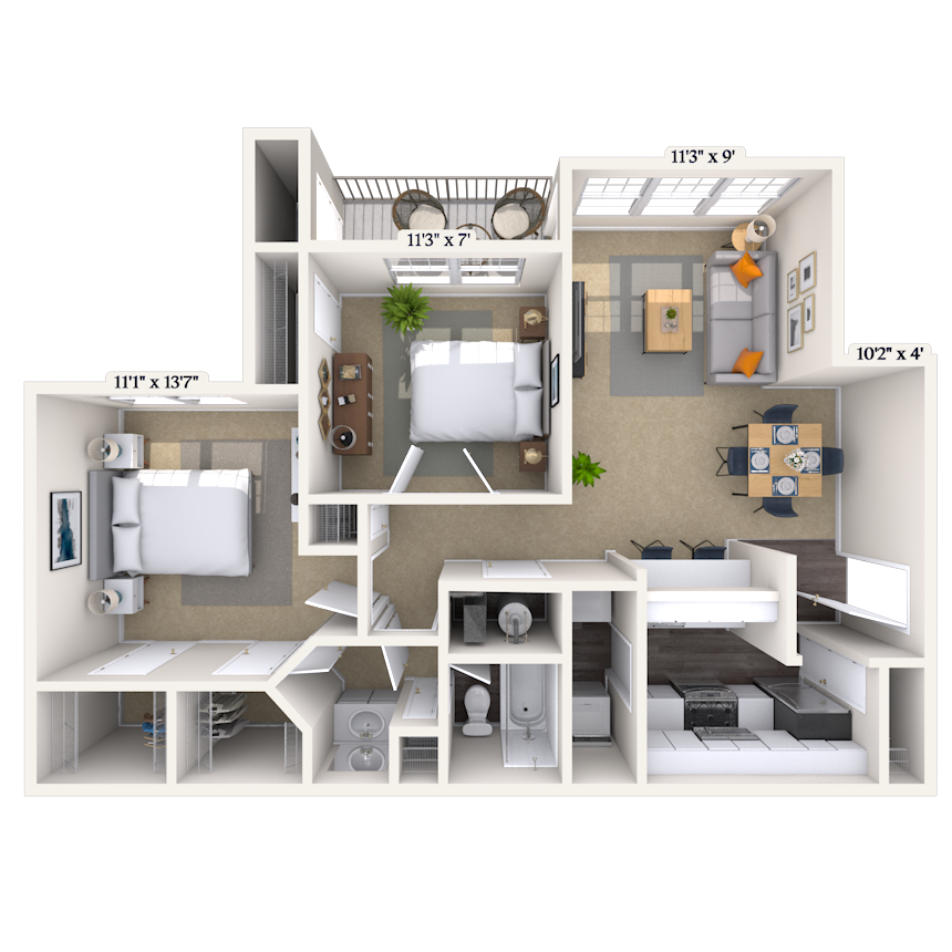 Floor plan for 2 beds, 1 bath, 927 sqft