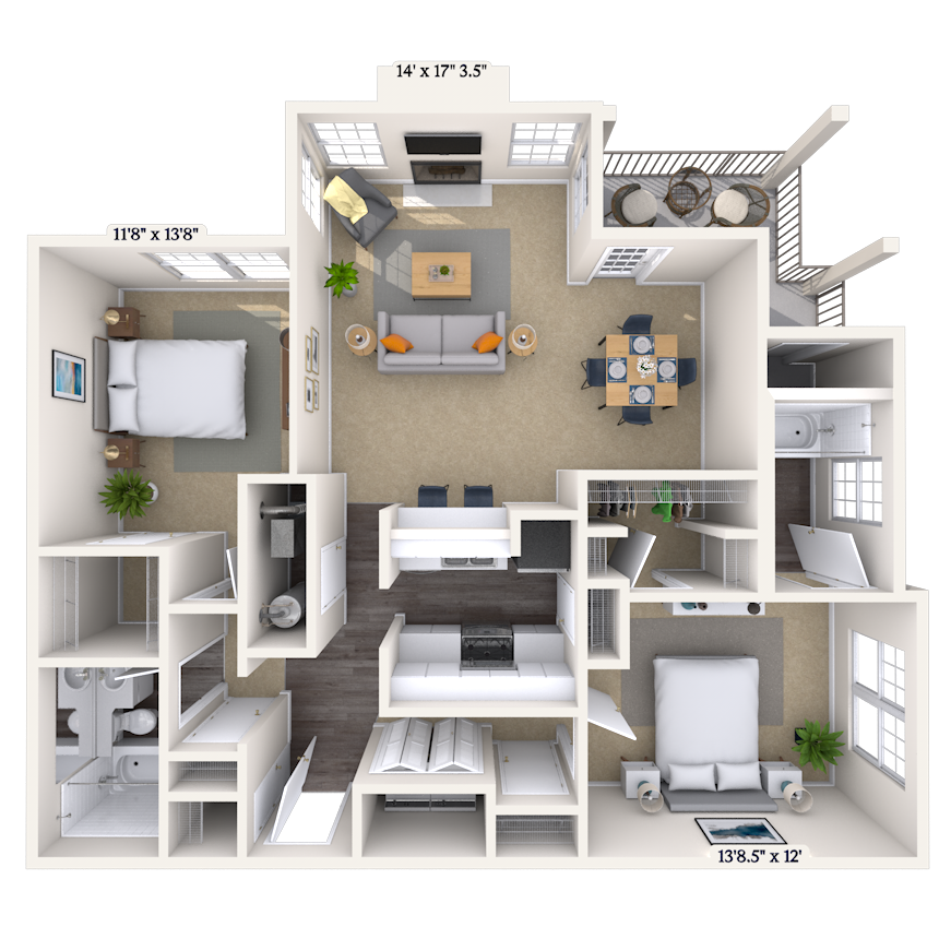 Floor plan for 2 beds, 2 baths, 1247 sqft
