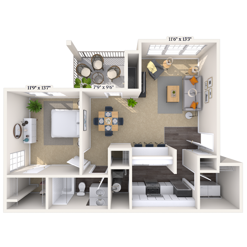 Floor plan for 1 bed, 1 bath, 827 sqft