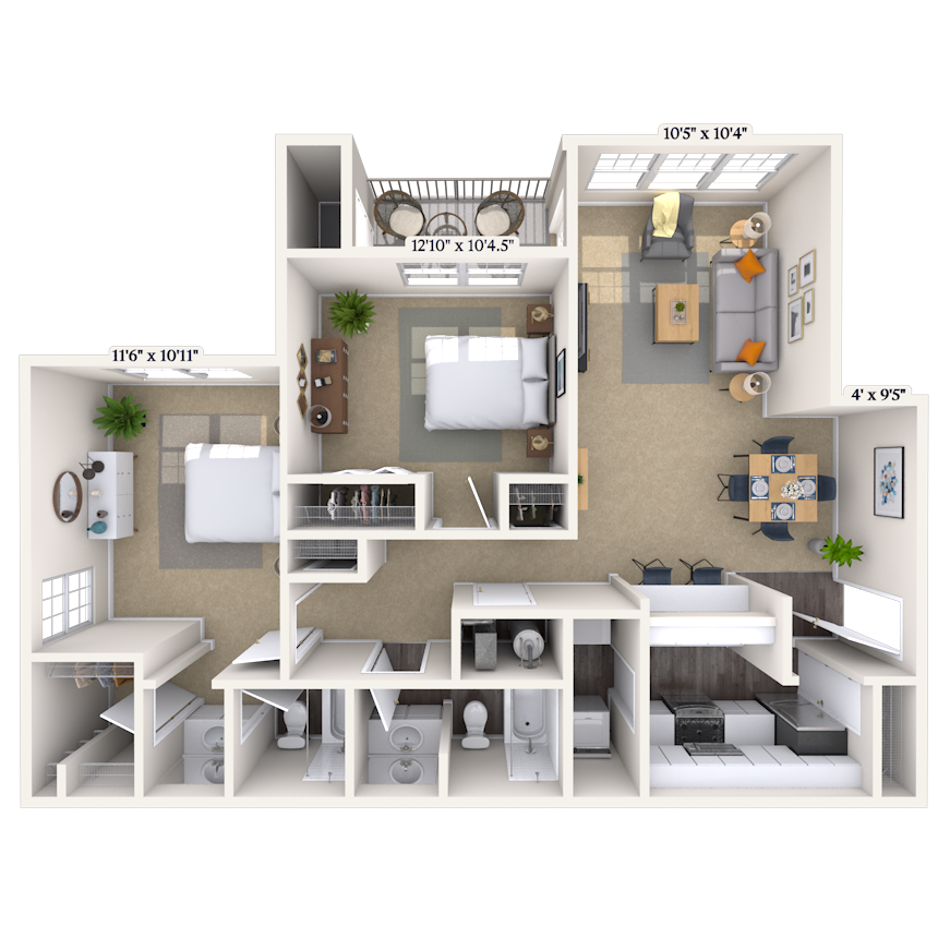 Floor plan for 2 beds, 2 baths, 1005 sqft