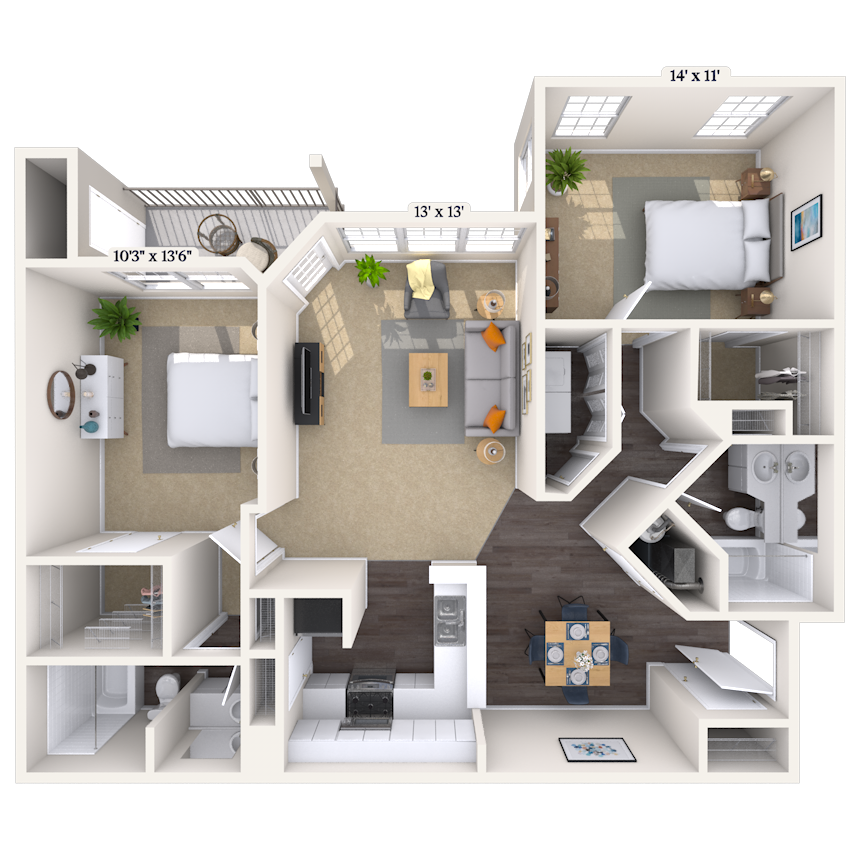 Floor plan for 2 beds, 2 baths, 1082 sqft