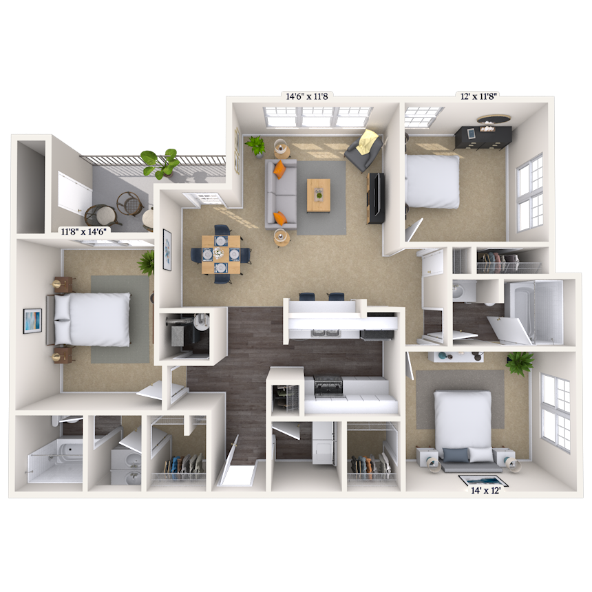 Floor plan for 3 beds, 2 baths, 1382 sqft