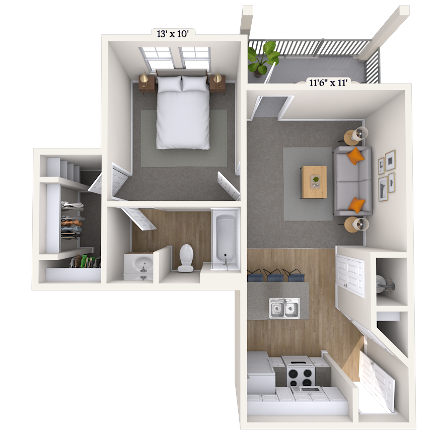 Floor plan for 1 bed, 1 bath, 567 sqft