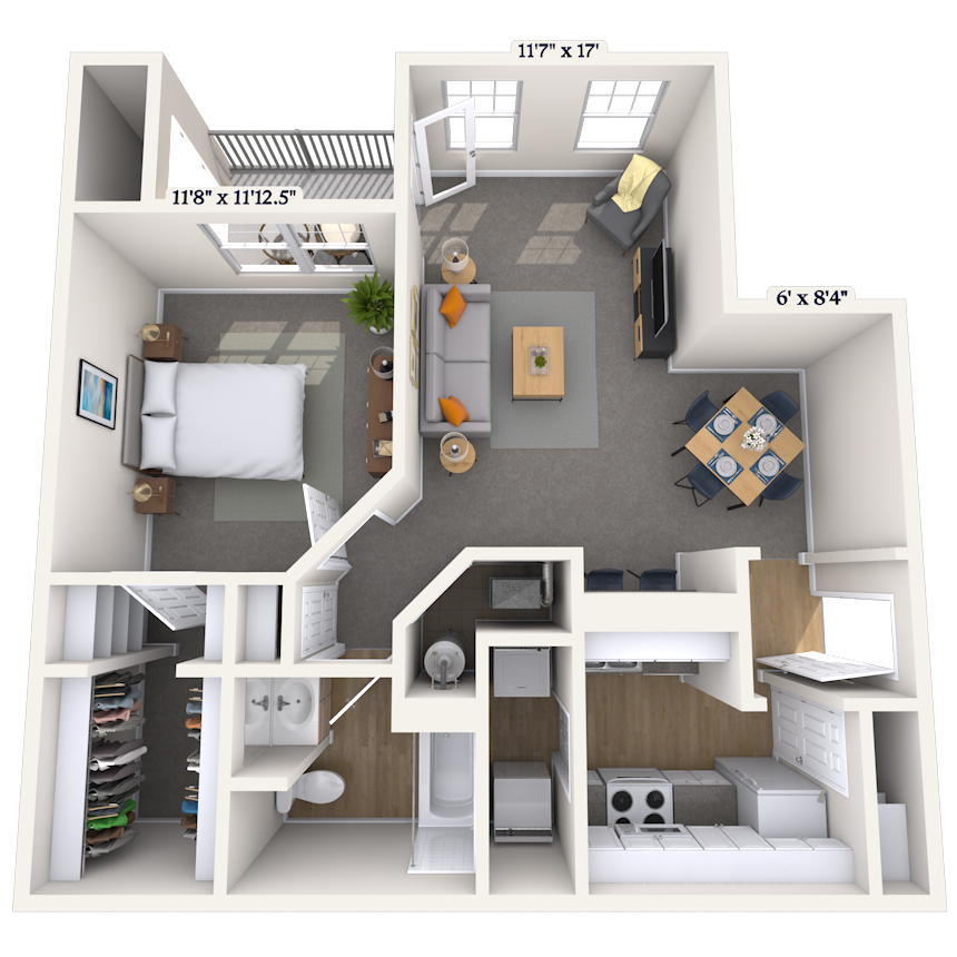 Floor plan for 1 bed, 1 bath, 755 sqft