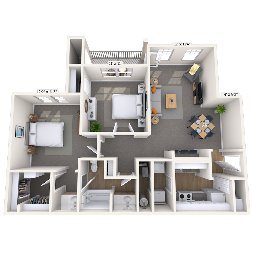 Floor plan for 2 beds, 1 bath, 980 sqft