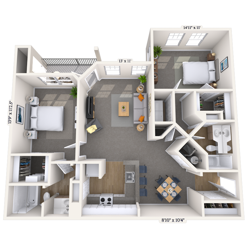 Floor plan for 2 beds, 2 baths, 1134 sqft