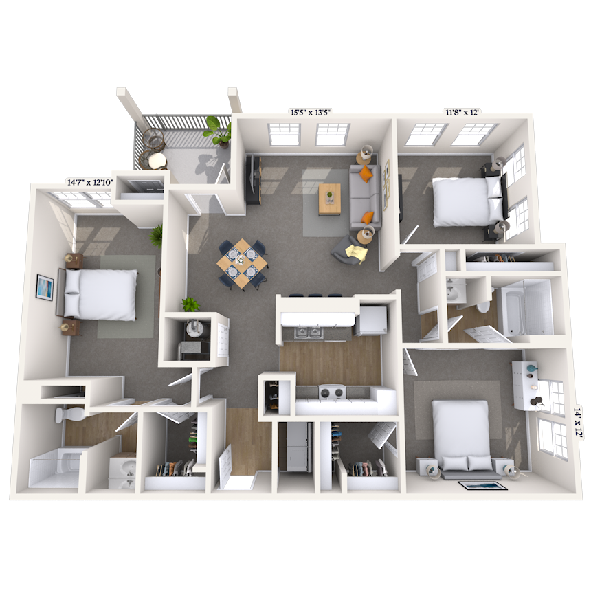 Floor plan for 3 beds, 2 baths, 1423 sqft