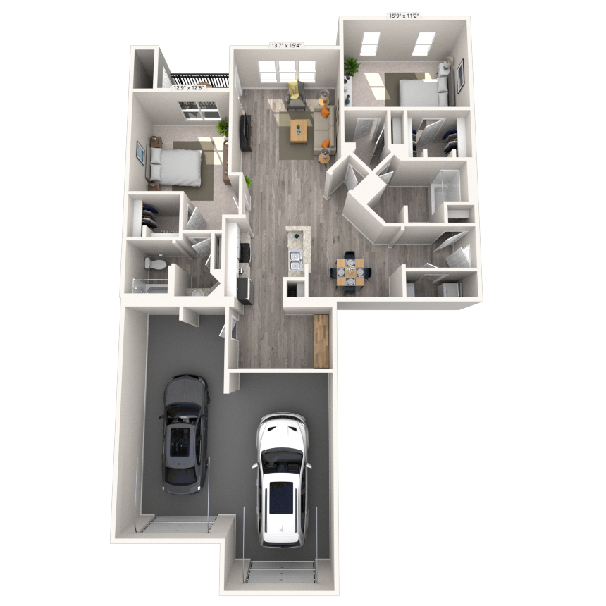 Floor plan for 2 beds, 2 baths, 1358 sqft
