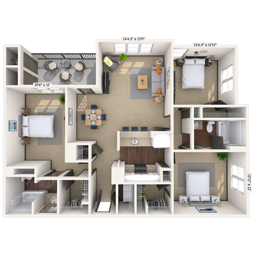Floor plan for 3 beds, 2 baths, 1464 sqft