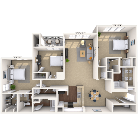 Floor plan for 3 beds, 2.5 baths, 1582 sqft