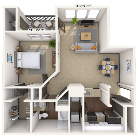 Floor plan for 1 bed, 1 bath, 1109 sqft