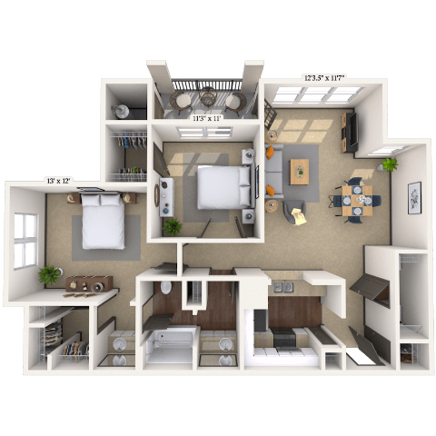 Floor plan for 2 beds, 1 bath, 962 sqft