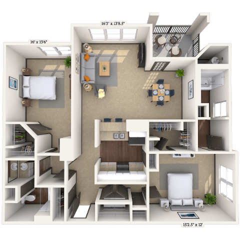 Floor plan for 2 beds, 2 baths, 1328 sqft