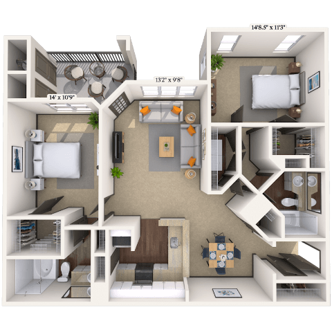 Floor plan for 2 beds, 2 baths, 1279 sqft