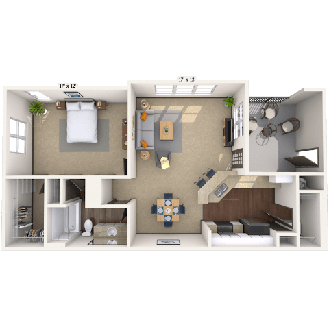 Floor plan for 1 bed, 1 bath, 861 sqft