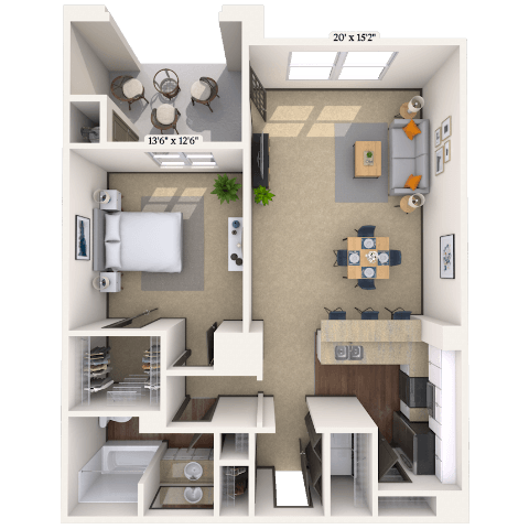 Floor plan for 1 bed, 1 bath, 849 sqft