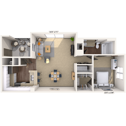 Floor plan for 1 bed, 1 bath, 833 sqft