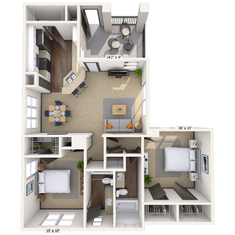 Floor plan for 2 beds, 2 baths, 1149 sqft