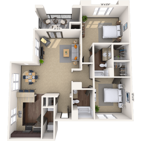 Floor plan for 2 beds, 2 baths, 1166 sqft