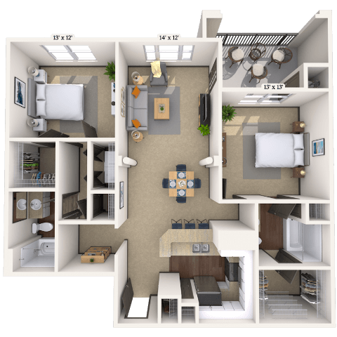 Floor plan for 2 beds, 2 baths, 1158 sqft