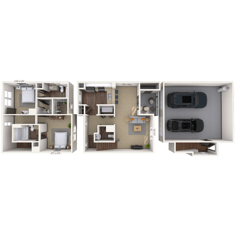 Floor plan for 2 beds, 2.5 baths, 1397 sqft
