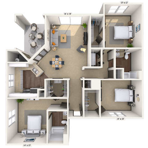 Floor plan for 3 beds, 2 baths, 1423 sqft