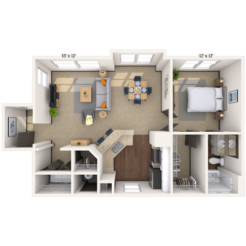 Floor plan for 1 bed, 1 bath, 768 sqft