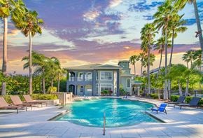 Tampa apartment for rent - a large swimming pool with a house and palm trees
