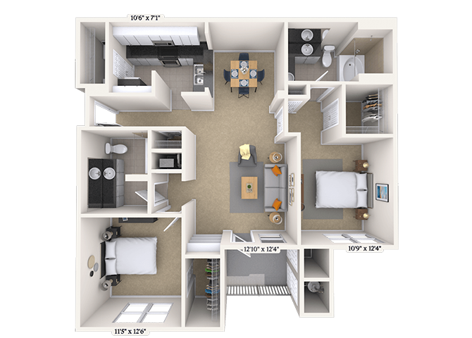 Floor plan for 2 beds, 2 baths, 1253 sqft