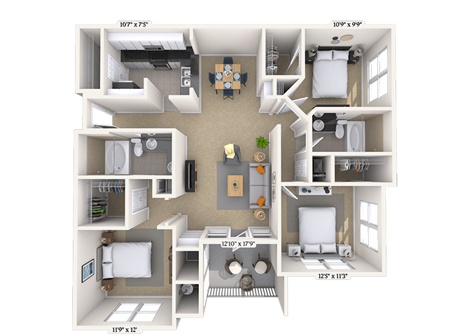 Floor plan for 3 beds, 2 baths, 1307 sqft