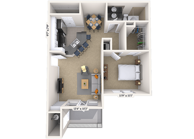 Floor plan for 1 bed, 1 bath, 767 sqft
