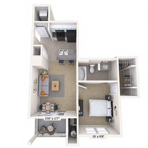 Floor plan for 1 bed, 1 bath, 587 sqft