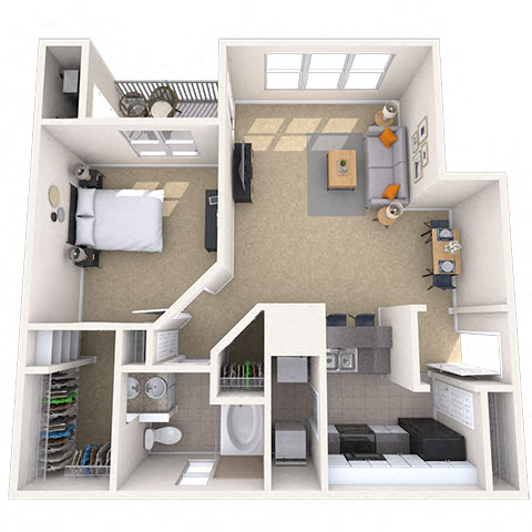 Floor plan for 1 bed, 1 bath, 777 sqft