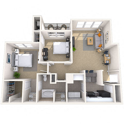 Floor plan for 2 beds, 1 bath, 982 sqft