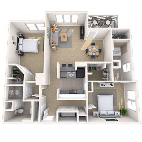 Floor plan for 2 beds, 2 baths, 1299 sqft