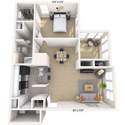 Floor plan for 1 bed, 1 bath, 881 sqft
