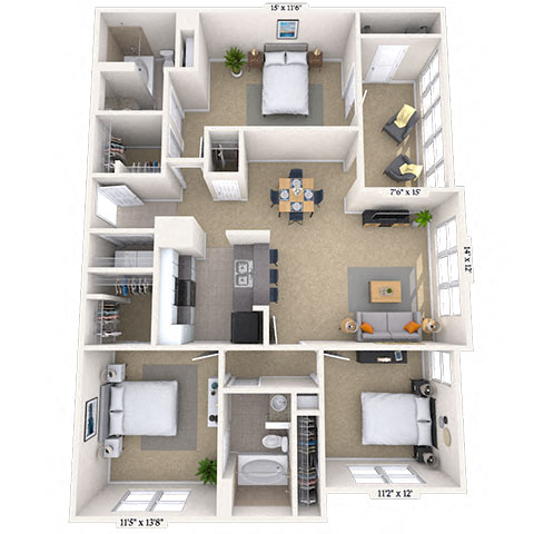 Floor plan for 3 beds, 2 baths, 1332 sqft