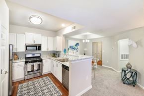 Smyrna apartment for rent - a renovated kitchen with white cabinets and stainless steel appliances