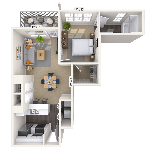 Floor plan for 1 bed, 1 bath, 713 sqft