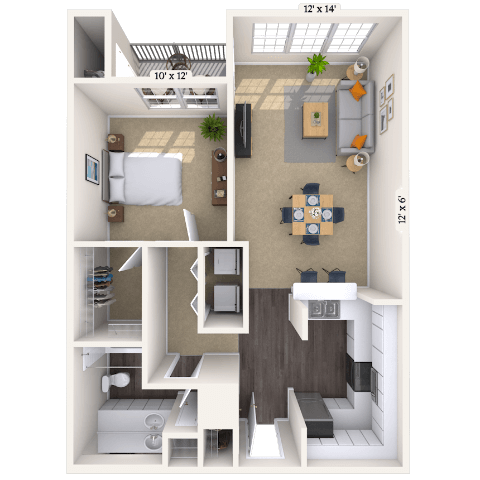 Floor plan for 1 bed, 1 bath, 874 sqft