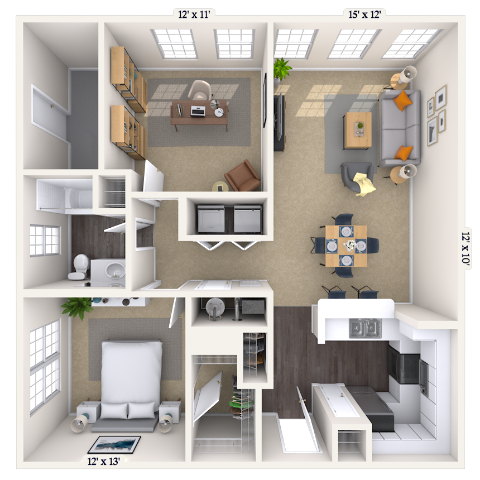 Floor plan for 1 bed, 1 bath, 925 sqft