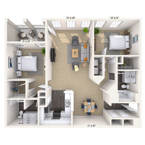 Floor plan for 2 beds, 2 baths, 1488 sqft