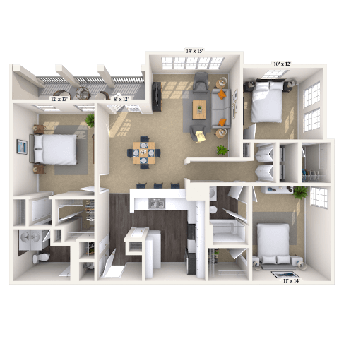 Floor plan for 3 beds, 2 baths, 1458 sqft