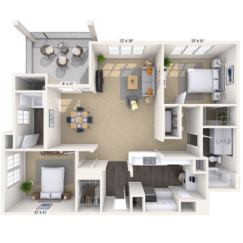 Floor plan for 2 beds, 2 baths, 1241 sqft