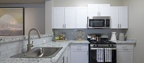 Atlanta apartment for rent - a kitchen with white cabinets and a sink and a microwave