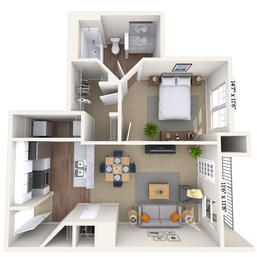 Floor plan for 1 bed, 1 bath, 601 sqft
