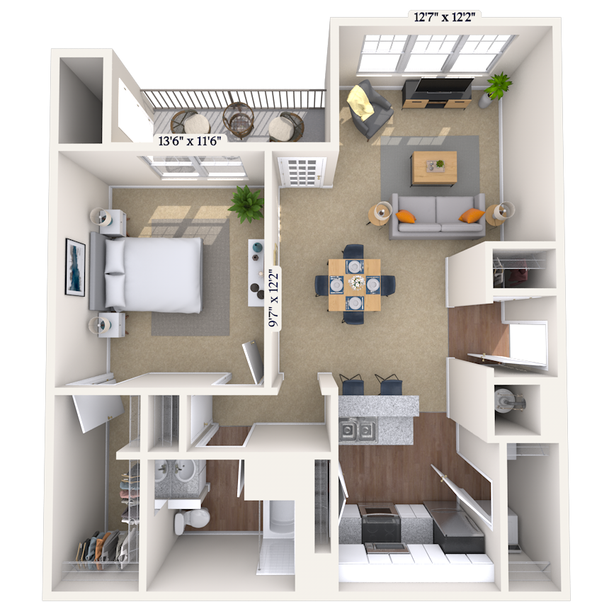 Floor plan for 1 bed, 1 bath, 834 sqft