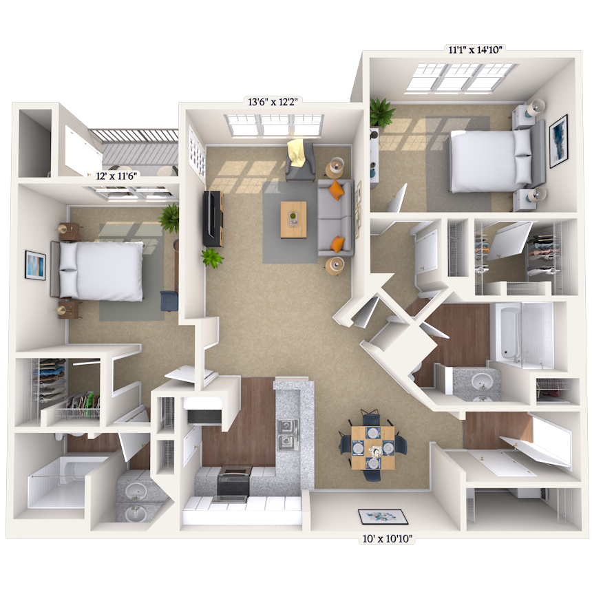 Floor plan for 2 beds, 2 baths, 1332 sqft